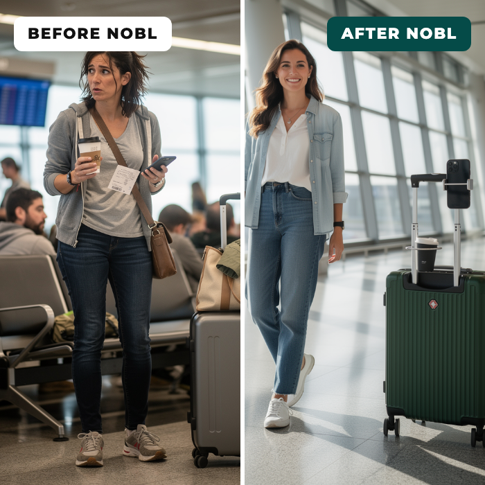 Before and after NOBL comparison showing hands-free airport travel