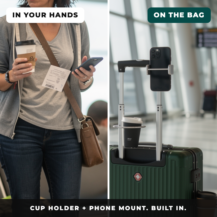 Cup and phone mounted on the NOBL Carry-On handle