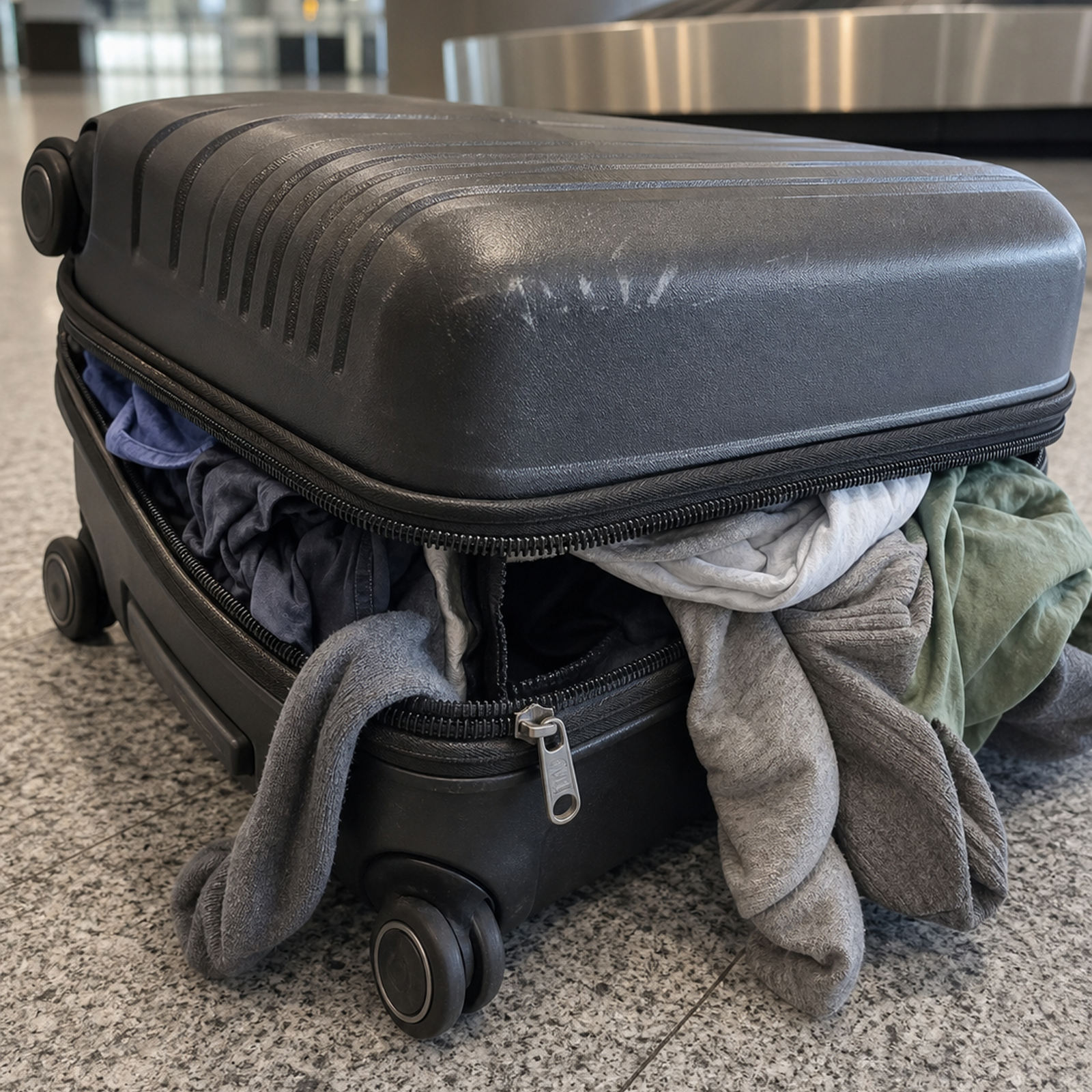 Broken burgundy zipper suitcase with clothes spilled across the airport floor